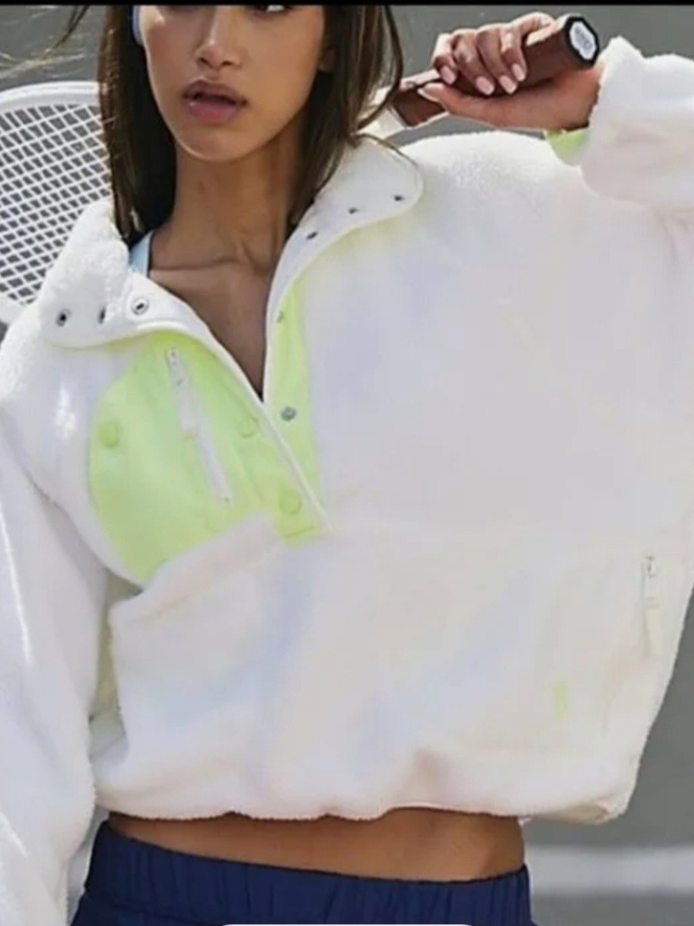 Women's Free People White Sherpa Pullover Jacket with Neon Yellow Accent Large